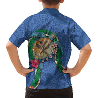 Hawaii Pikake and Maile Lei Family Matching Off Shoulder Short Dress and Hawaiian Shirt Honu Polynesian Pattern Blue Color