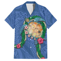 Hawaii Pikake and Maile Lei Family Matching Off Shoulder Short Dress and Hawaiian Shirt Honu Polynesian Pattern Blue Color