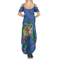 Hawaii Pikake and Maile Lei Family Matching Summer Maxi Dress and Hawaiian Shirt Honu Polynesian Pattern Blue Color