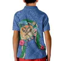 Hawaii Pikake and Maile Lei Kid Polo Shirt Honu Polynesian Pattern Blue Color