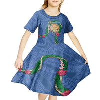 Hawaii Pikake and Maile Lei Kid Short Sleeve Dress Honu Polynesian Pattern Blue Color LT03 - Polynesian Pride