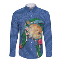 Hawaii Pikake and Maile Lei Long Sleeve Button Shirt Honu Polynesian Pattern Blue Color