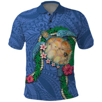 Hawaii Pikake and Maile Lei Polo Shirt Honu Polynesian Pattern Blue Color