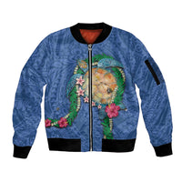 Hawaii Pikake and Maile Lei Sleeve Zip Bomber Jacket Honu Polynesian Pattern Blue Color LT03 Unisex Blue - Polynesian Pride