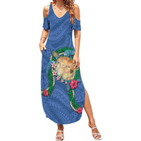 Hawaii Pikake and Maile Lei Summer Maxi Dress Honu Polynesian Pattern Blue Color LT03 Women Blue - Polynesian Pride