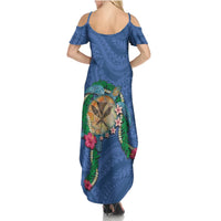 Hawaii Pikake and Maile Lei Summer Maxi Dress Honu Polynesian Pattern Blue Color LT03 - Polynesian Pride