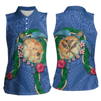 Hawaii Pikake and Maile Lei Women Sleeveless Polo Shirt Honu Polynesian Pattern Blue Color