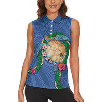 Hawaii Pikake and Maile Lei Women Sleeveless Polo Shirt Honu Polynesian Pattern Blue Color