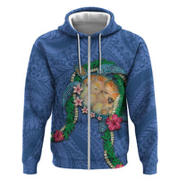 Hawaii Pikake and Maile Lei Zip Hoodie Honu Polynesian Pattern Blue Color
