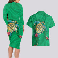 Hawaii Pikake and Maile Lei Couples Matching Long Sleeve Bodycon Dress and Hawaiian Shirt Honu Polynesian Pattern Green Color LT03 - Polynesian Pride