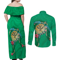 Hawaii Pikake and Maile Lei Couples Matching Off Shoulder Maxi Dress and Long Sleeve Button Shirt Honu Polynesian Pattern Green Color LT03 - Polynesian Pride