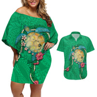 Hawaii Pikake and Maile Lei Couples Matching Off Shoulder Short Dress and Hawaiian Shirt Honu Polynesian Pattern Green Color LT03 Green - Polynesian Pride