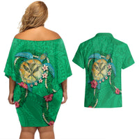 Hawaii Pikake and Maile Lei Couples Matching Off Shoulder Short Dress and Hawaiian Shirt Honu Polynesian Pattern Green Color LT03 - Polynesian Pride