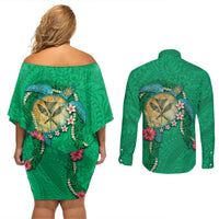 Hawaii Pikake and Maile Lei Couples Matching Off Shoulder Short Dress and Long Sleeve Button Shirt Honu Polynesian Pattern Green Color LT03 - Polynesian Pride