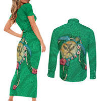 Hawaii Pikake and Maile Lei Couples Matching Short Sleeve Bodycon Dress and Long Sleeve Button Shirt Honu Polynesian Pattern Green Color LT03 - Polynesian Pride