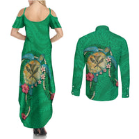 Hawaii Pikake and Maile Lei Couples Matching Summer Maxi Dress and Long Sleeve Button Shirt Honu Polynesian Pattern Green Color LT03 - Polynesian Pride