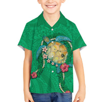 Hawaii Pikake and Maile Lei Family Matching Summer Maxi Dress and Hawaiian Shirt Honu Polynesian Pattern Green Color