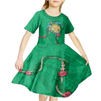Hawaii Pikake and Maile Lei Kid Short Sleeve Dress Honu Polynesian Pattern Green Color LT03 - Polynesian Pride