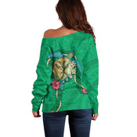 Hawaii Pikake and Maile Lei Off Shoulder Sweater Honu Polynesian Pattern Green Color