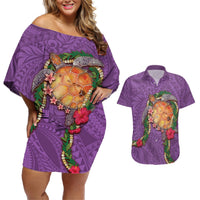 Hawaii Pikake and Maile Lei Couples Matching Off Shoulder Short Dress and Hawaiian Shirt Honu Polynesian Pattern Pink Color LT03 Pink - Polynesian Pride