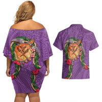 Hawaii Pikake and Maile Lei Couples Matching Off Shoulder Short Dress and Hawaiian Shirt Honu Polynesian Pattern Pink Color LT03 - Polynesian Pride