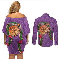 Hawaii Pikake and Maile Lei Couples Matching Off Shoulder Short Dress and Long Sleeve Button Shirt Honu Polynesian Pattern Pink Color LT03 - Polynesian Pride