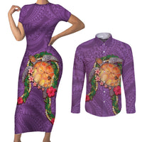 Hawaii Pikake and Maile Lei Couples Matching Short Sleeve Bodycon Dress and Long Sleeve Button Shirt Honu Polynesian Pattern Pink Color LT03 Pink - Polynesian Pride