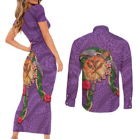Hawaii Pikake and Maile Lei Couples Matching Short Sleeve Bodycon Dress and Long Sleeve Button Shirt Honu Polynesian Pattern Pink Color LT03 - Polynesian Pride