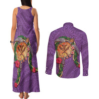 Hawaii Pikake and Maile Lei Couples Matching Tank Maxi Dress and Long Sleeve Button Shirt Honu Polynesian Pattern Pink Color LT03 - Polynesian Pride