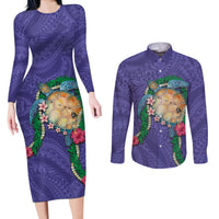 Hawaii Pikake and Maile Lei Couples Matching Long Sleeve Bodycon Dress and Long Sleeve Button Shirt Honu Polynesian Pattern Purple Color LT03 Purple - Polynesian Pride
