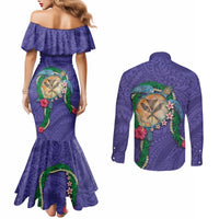 Hawaii Pikake and Maile Lei Couples Matching Mermaid Dress and Long Sleeve Button Shirt Honu Polynesian Pattern Purple Color LT03 - Polynesian Pride