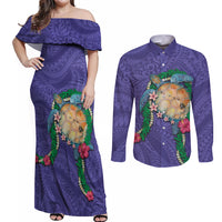Hawaii Pikake and Maile Lei Couples Matching Off Shoulder Maxi Dress and Long Sleeve Button Shirt Honu Polynesian Pattern Purple Color LT03 Purple - Polynesian Pride