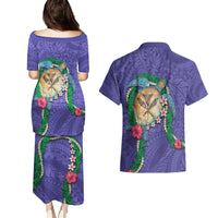 Hawaii Pikake and Maile Lei Couples Matching Puletasi and Hawaiian Shirt Honu Polynesian Pattern Purple Color LT03 - Polynesian Pride