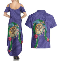 Hawaii Pikake and Maile Lei Couples Matching Summer Maxi Dress and Hawaiian Shirt Honu Polynesian Pattern Purple Color LT03 - Polynesian Pride