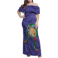 Hawaii Pikake and Maile Lei Family Matching Off Shoulder Maxi Dress and Hawaiian Shirt Honu Polynesian Pattern Purple Color