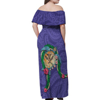 Hawaii Pikake and Maile Lei Family Matching Off Shoulder Maxi Dress and Hawaiian Shirt Honu Polynesian Pattern Purple Color