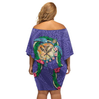 Hawaii Pikake and Maile Lei Off Shoulder Short Dress Honu Polynesian Pattern Purple Color LT03 - Polynesian Pride
