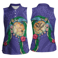 Hawaii Pikake and Maile Lei Women Sleeveless Polo Shirt Honu Polynesian Pattern Purple Color
