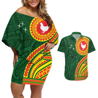 Manu'a Cession Day Couples Matching Off Shoulder Short Dress and Hawaiian Shirt Polynesian Pattern LT03 Green - Polynesian Pride