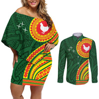 Manu'a Cession Day Couples Matching Off Shoulder Short Dress and Long Sleeve Button Shirt Polynesian Pattern LT03 Green - Polynesian Pride