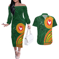 Manu'a Cession Day Couples Matching Off The Shoulder Long Sleeve Dress and Hawaiian Shirt Polynesian Pattern LT03 Green - Polynesian Pride