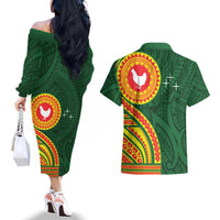 Manu'a Cession Day Couples Matching Off The Shoulder Long Sleeve Dress and Hawaiian Shirt Polynesian Pattern LT03 - Polynesian Pride