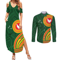 Manu'a Cession Day Couples Matching Summer Maxi Dress and Long Sleeve Button Shirt Polynesian Pattern LT03 Green - Polynesian Pride