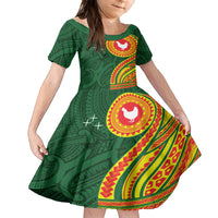 Manu'a Cession Day Family Matching Off Shoulder Maxi Dress and Hawaiian Shirt Polynesian Pattern LT03 Daughter's Dress Green - Polynesian Pride