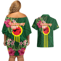 Manu'a Cession Day 120th Anniversary Couples Matching Off Shoulder Short Dress and Hawaiian Shirt Polynesian Pattern and Hibiscus Flower LT03 - Polynesian Pride