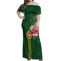 Manu'a Cession Day 120th Anniversary Off Shoulder Maxi Dress Polynesian Pattern and Hibiscus Flower LT03 Women Green - Polynesian Pride