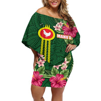 Manu'a Cession Day 120th Anniversary Off Shoulder Short Dress Polynesian Pattern and Hibiscus Flower LT03 Women Green - Polynesian Pride