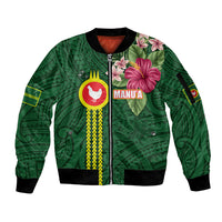 Manu'a Cession Day 120th Anniversary Sleeve Zip Bomber Jacket Polynesian Pattern and Hibiscus Flower LT03 Unisex Green - Polynesian Pride