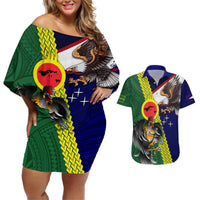 Manu'a Island and American Samoa Couples Matching Off Shoulder Short Dress and Hawaiian Shirt Rooster and Eagle Mascot LT03 Green - Polynesian Pride
