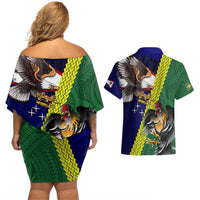 Manu'a Island and American Samoa Couples Matching Off Shoulder Short Dress and Hawaiian Shirt Rooster and Eagle Mascot LT03 - Polynesian Pride